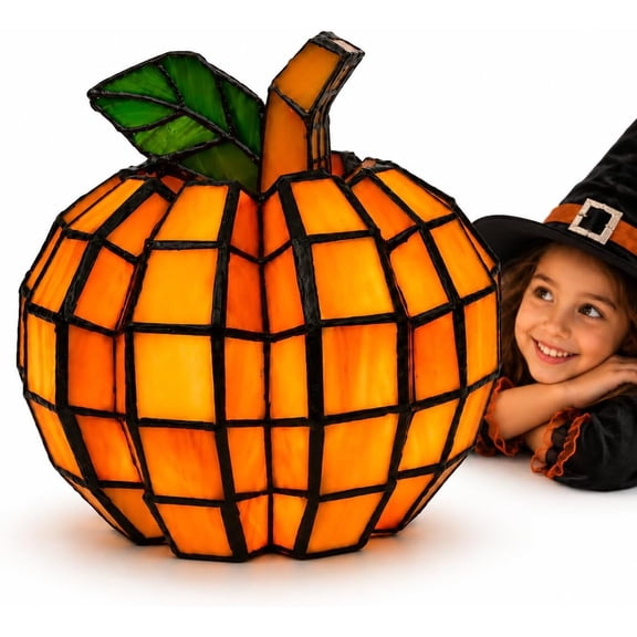 Stained Glass Pumpkin Lamp, Battery Operated Halloween Tabletop Decor with Warm Orange Glow, Mosaic Style LED Light for Mantel Shelf Centerpiece(Q)