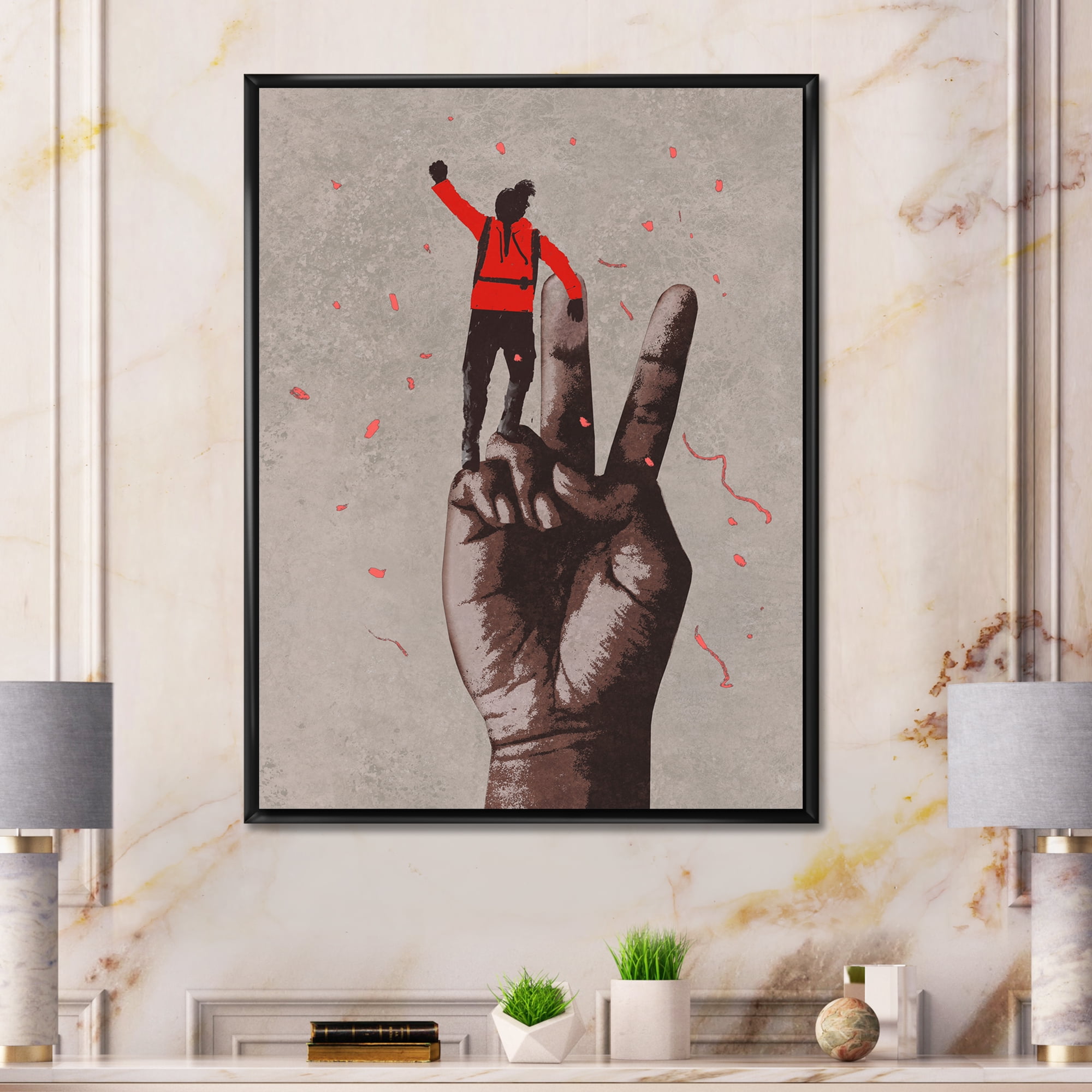Designart 'Man With Arm Raised On Victory Sign' Modern Framed Canvas Wall Art Print