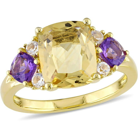 Tangelo 3-1/4 Carat T.G.W. Citrine and Amethyst with White Topaz Yellow Rhodium over Sterling Silver Cocktail Ring