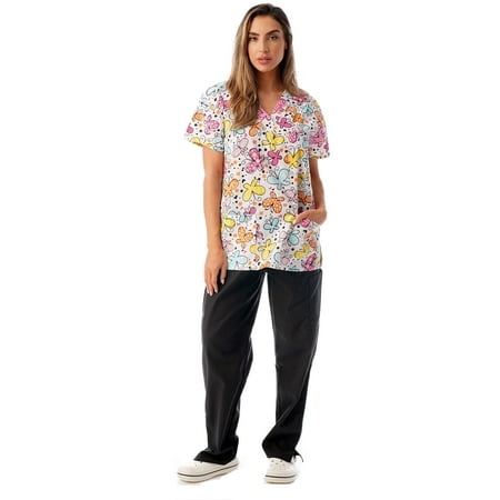 

Just Love Nursing Scrubs Set for Women Print Scrubs (Multi Colored Butterfly with Black Pants X-Small)