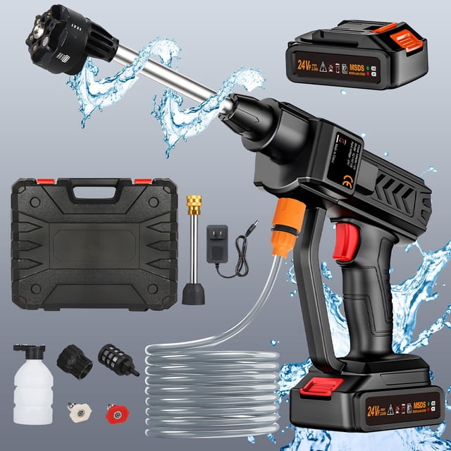 Hidrolavadora inalámbrica, boquilla 6 en 1, portátil, a batería, de mano, con 2 baterías recargables, de alta presión, para limpieza de autos, pisos y patios.