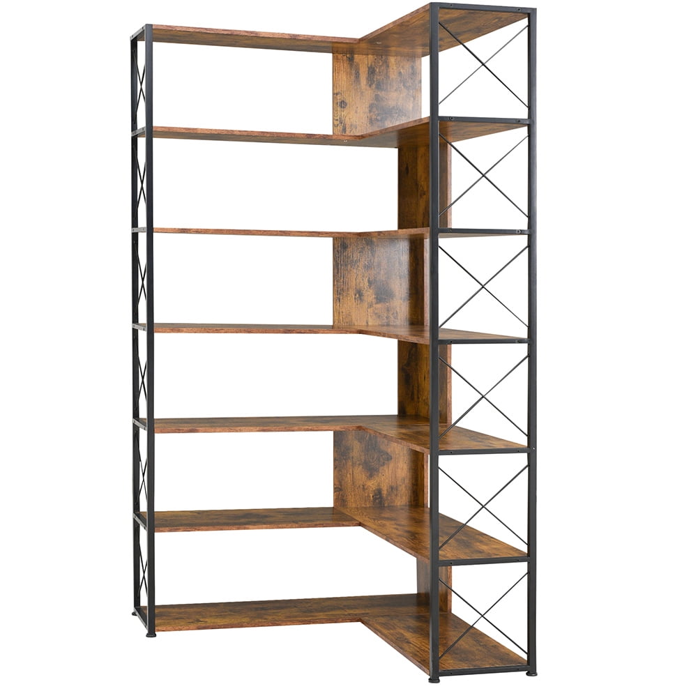 Resenkos 7-Tier Bookcase Home Office Bookshelf,L-Shaped Corner Bookcase with Metal Frame,Industrial Style Shelf with Open Storage,Brown