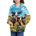 thumbnail image 3 of Xoenoiee Kids Hoodies Pullover Hoodies Long Sleeve Sweatshirt Fall Winter Clothing with Kangaroo Pocket Hooded Playwear for Traveling Hiking Running, Sunflower Cow Blue Sky Print, S, 3 of 7