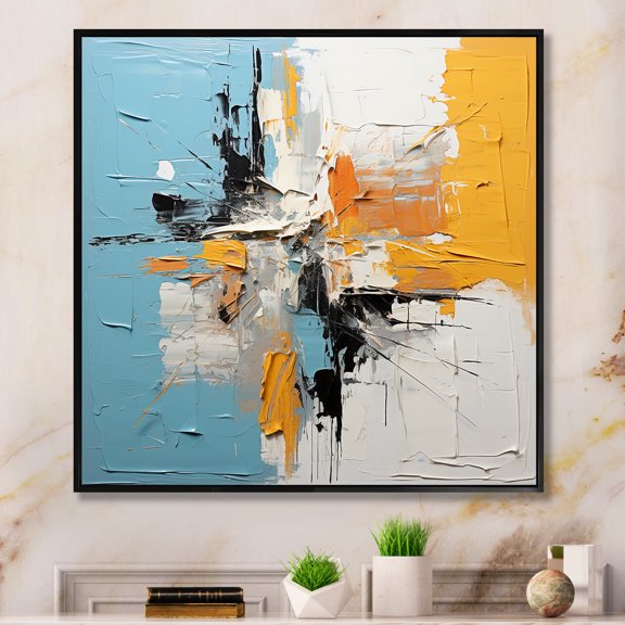 Designart "Elegance of Blue and Yellow Paint III" Abstract Framed Wall Art - Blue Abstract Living Room Framed Canvas Art