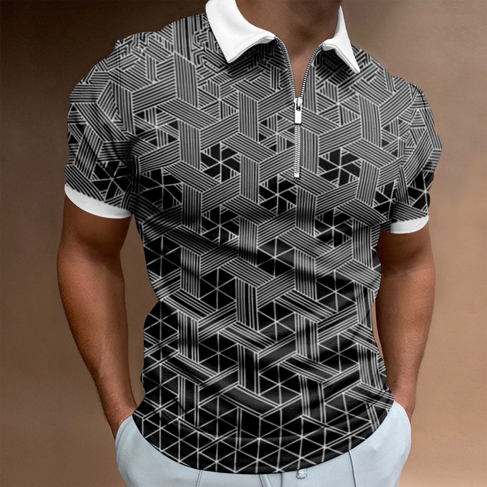 Corashan Mens Crop Tops Work Clothes Creative Stripe 3D Printing Men's  Short-Sleeved Zip Shirt Polo Shirts for Men