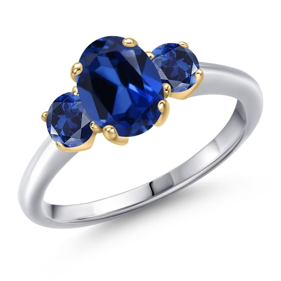 Gem Stone King 925 Silver and 10K Yellow Gold Blue Created Sapphire Engagement Ring for Women | 2.10 Cttw | Oval 8X6MM | Gemstone September Birthstone | Size 5