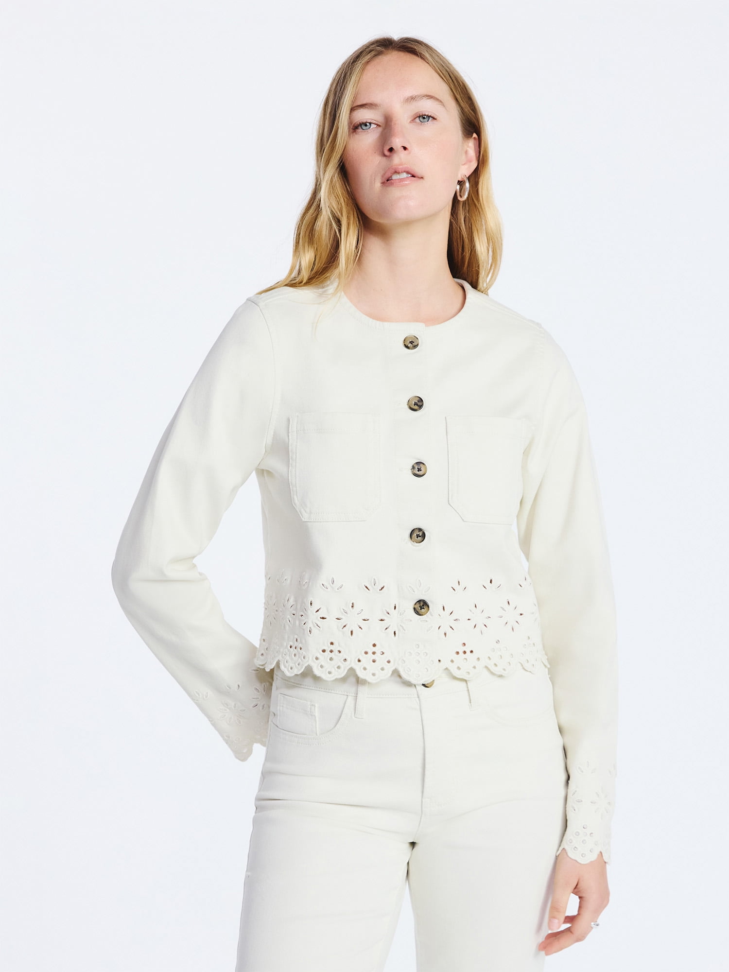 Free Assembly Women's and Women's Plus Embroidered Eyelet Denim Jacket, Sizes XS-4X