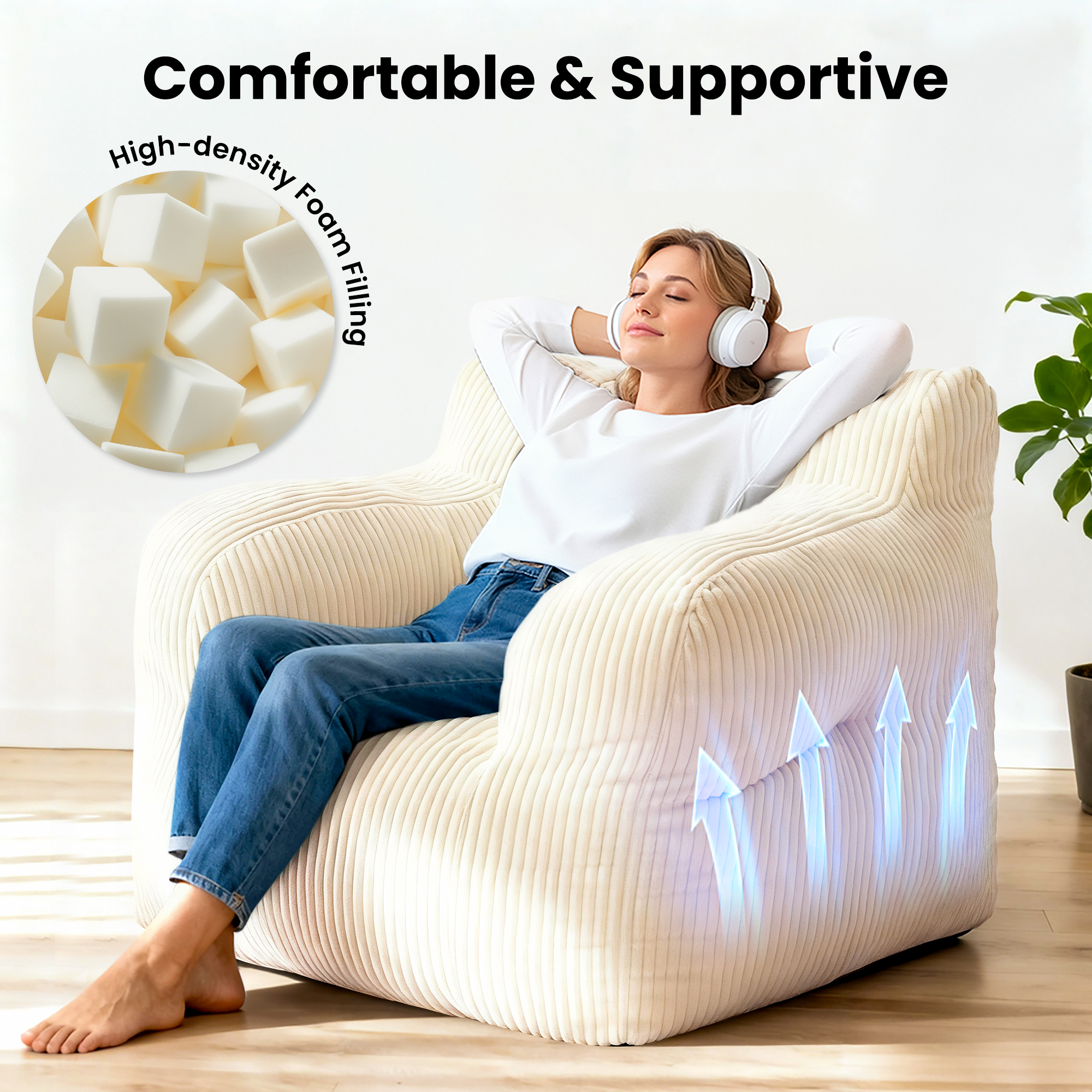 Foam Filled Bean Bag Chair, Plush Corduroy Lazy Sofa