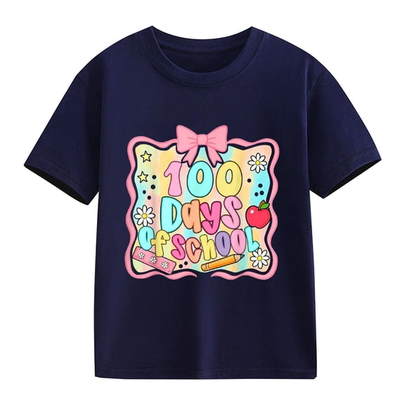 KAUOD Girls 100 Day of School T Shirts Cotton Soft Short Sleeve Graphic Shirt Kids Cute Crew Neck Summer Tops Clothes