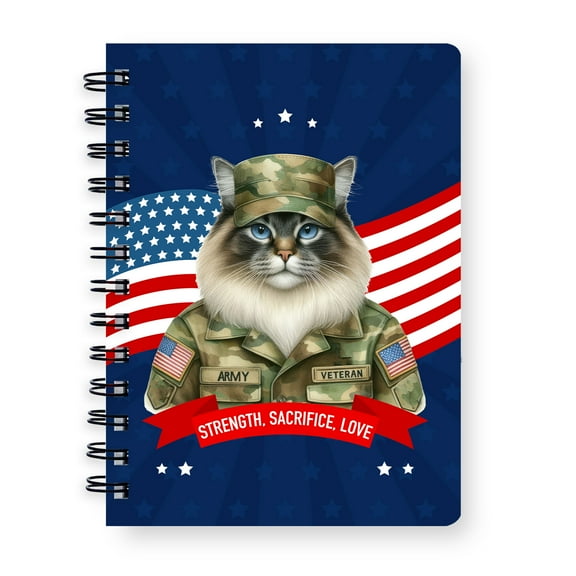 Happy Father's Day Honoring Veterans Ragdoll in Army Uniform Spiral Bound Journal Cat Lover Kitten Owner Gifts Idea 5x7in Spiral Notebook - 13007