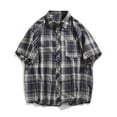 thumbnail image 6 of ZCFZJW Short Sleeve Shirts for Men Big and Tall Regular Fit Casual Plaid Button Down Shirt Mens Classic Fit Cotton Button Up Shirt with Pockets Navy#02 XL, 6 of 9