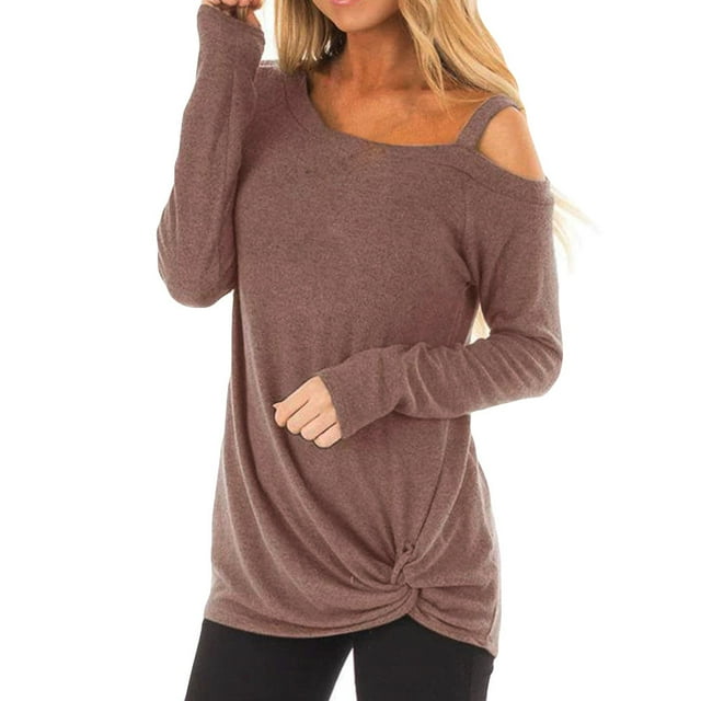 Chemises à Manches Longues pour Femmes T-Shirts Hauts d'Automne Doux Col Rond Nœud Côté Blouses Décontractées Marron TG