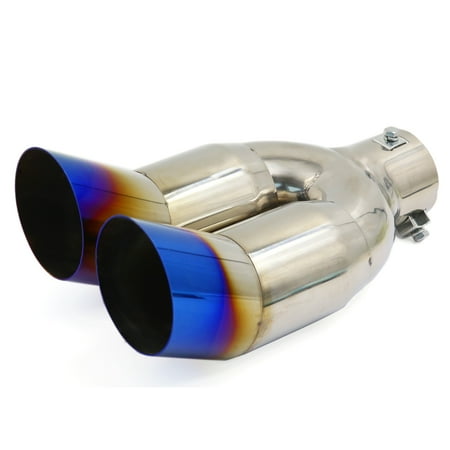 Dual Stainless Pipes - Stainless Steel Burn Slant Cut Dual Outlet Car Exhaust Pipe Trim Tip 62mm Inlet