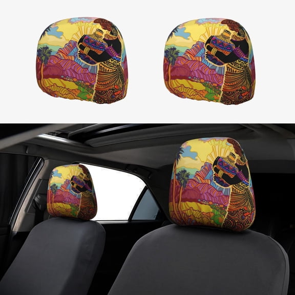 Kdxio Beautiful African Woman Pattern Print 2 Piece Car Head Rest Covers Set Auto Front/Rear Seats Headrest Cover Universal Fit Most Cars,Sedan, SUV