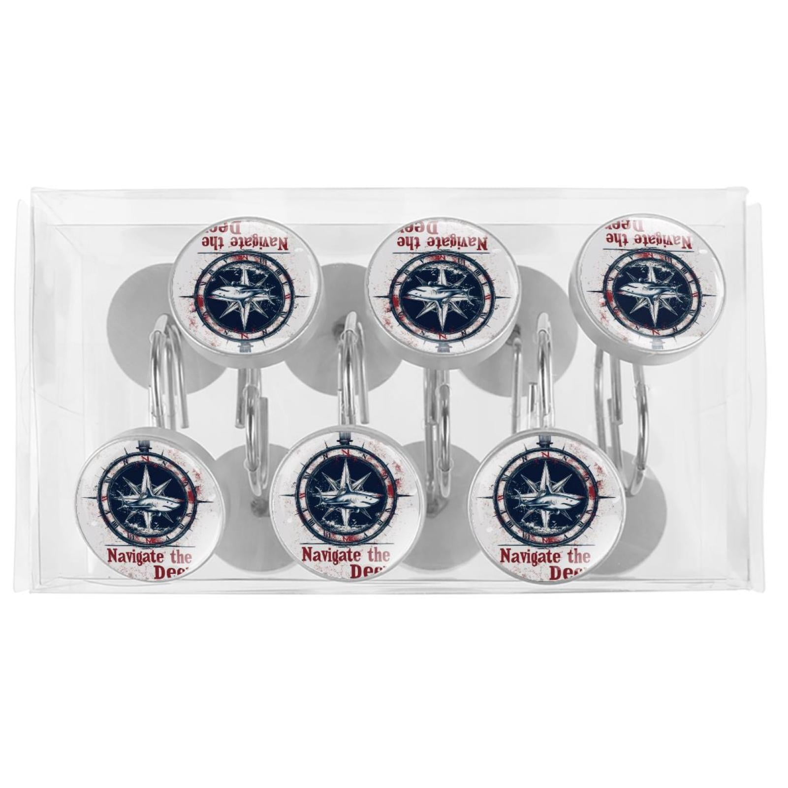 12pcs Decorative Shower Curtain Hooks, Rust Resistant Shower Rings for Bathroom Living Room,Rustproof Stainless Steel Rings for Shower Curtain and Liner Rods,Navigate the Deep Shark