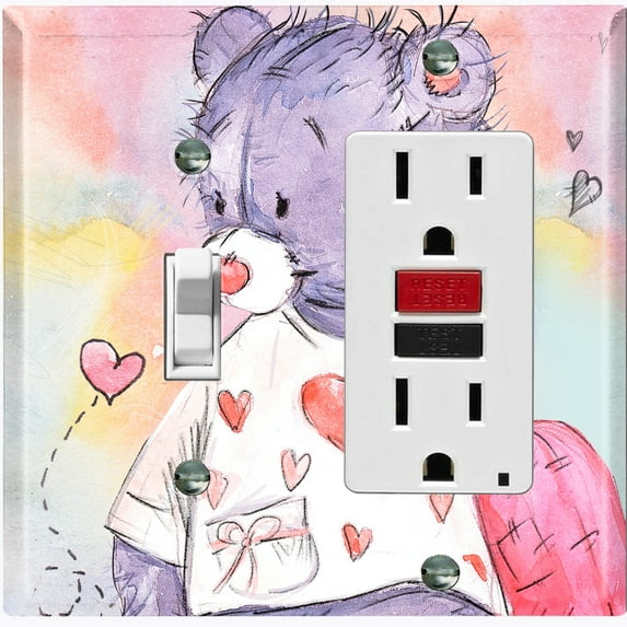 Metal Light Switch Wall Plate Outlet Cover (Love Friend Purple Teddy Bear Heart Pillow - Single Toggle Single Rocker)