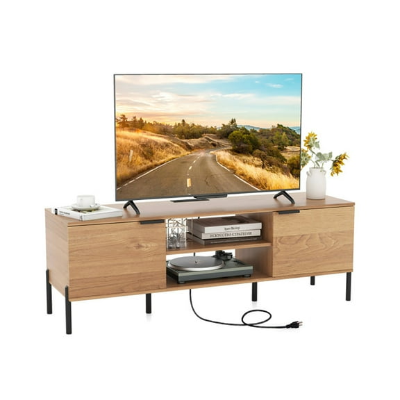 Spaco 2-Door TV Stand with Charging Station and Open Shelves for TVs up to 65 Inches, Entertainment Center, Natural