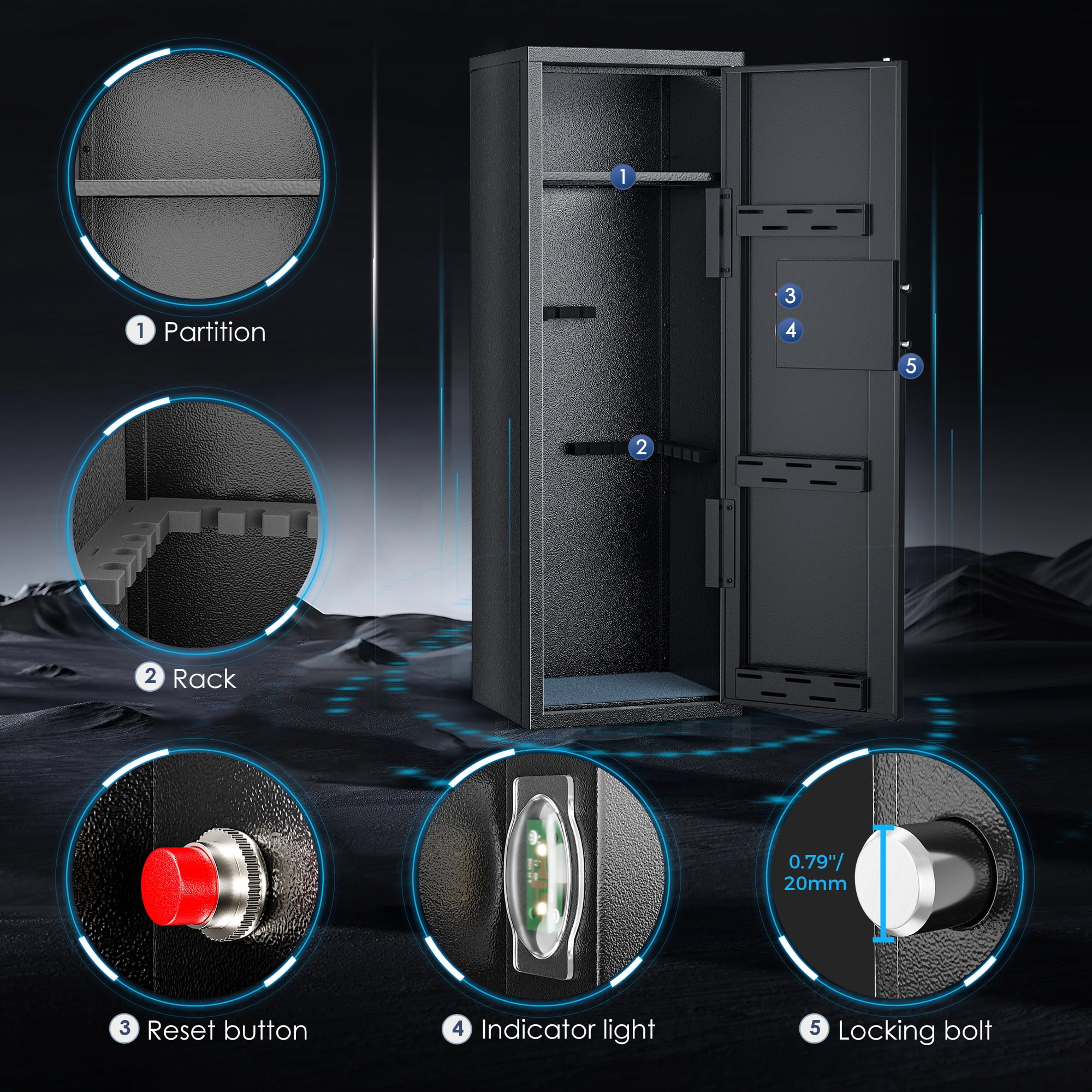 TELAM Biometric Gun Safe for 5 Rifle Gun,Quick-Access with Fingerprint, Digital Keypad & Keys Handgun Lock Box with Security Cabinet, H 57