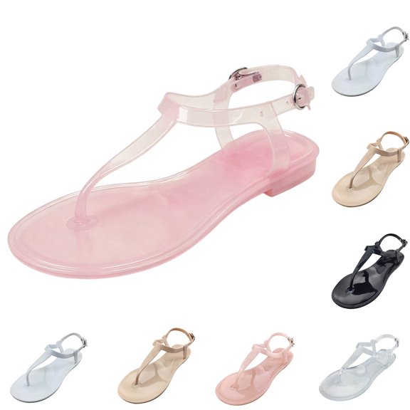 Womens Sandals Jelly Shoes Thong Flip Flops Flat for Ladies Slides T-Strap Jellies Slippers with Adjustable Strap Buckle Summer Beach Dressy, 42