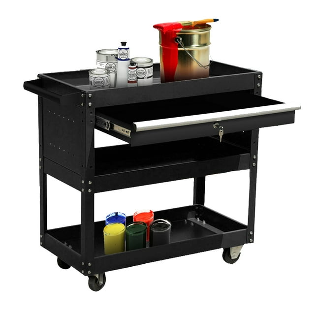High Capacity Rolling Tool Storage Cart With Lockable Sliding Drawer, 4 Wheels Tool Service Utility Cart, Detachable Organizer Tool Chest for Mechanics, Warehouse(Black)