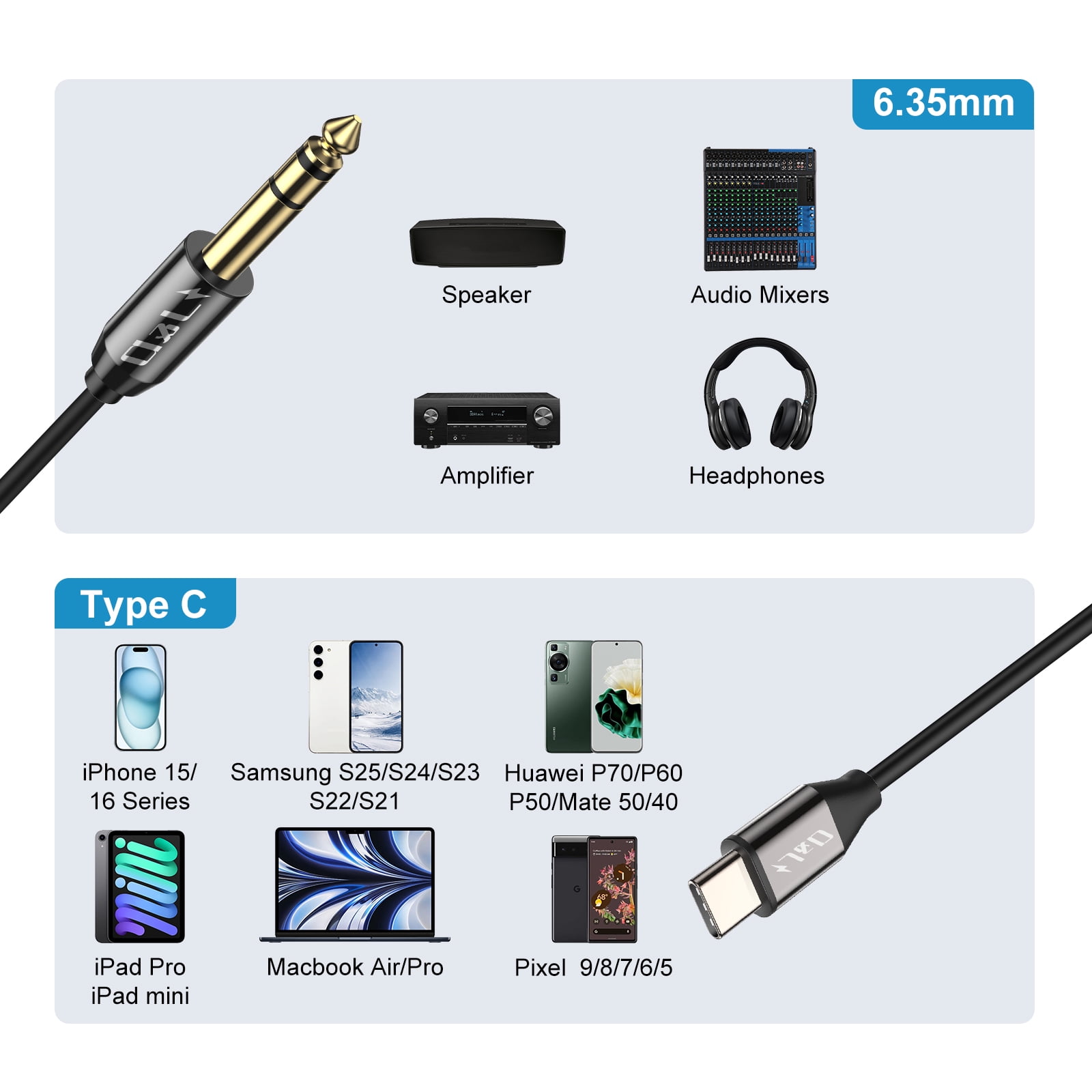 J&D USB-C to 6.35mm TRS Stereo Audio Cable, 6.6 ft – High-Fidelity Adapter for Headphones & Speakers