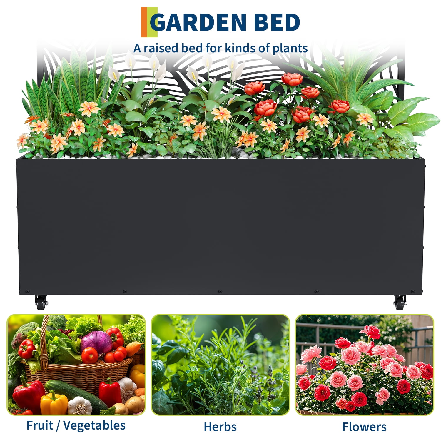 Ataucjin 16" Deep Planting Bed with Drainage Holes,Metal Planter Box with Trellis, Raised Garden Bed with Wheels, Deep Privacy Screen for Climbing Plants,47"X16"X71"