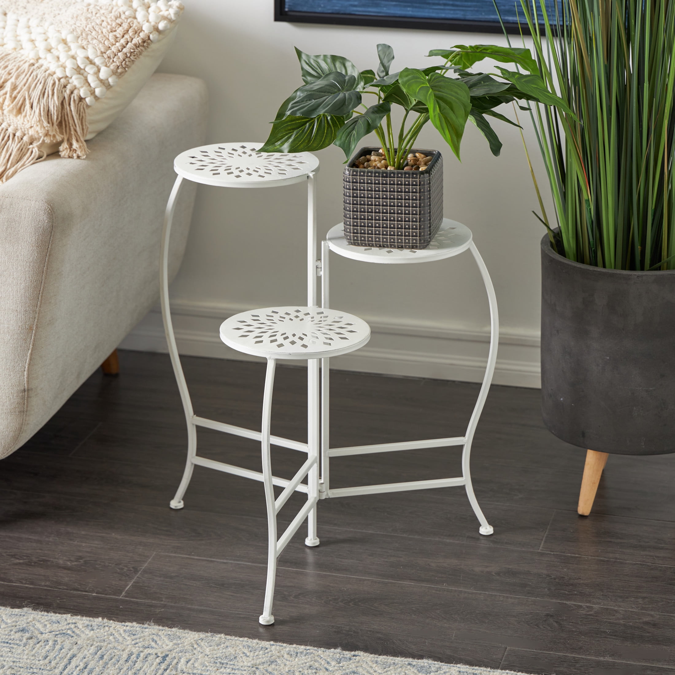 DecMode 19" x 14" x 24" 3 Tier White Metal Floral Plantstand