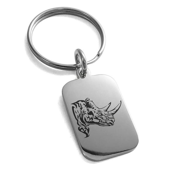 Stainless Steel Berserk Rhino Engraved Small Rectangle Dog Tag Charm Keychain Keyring