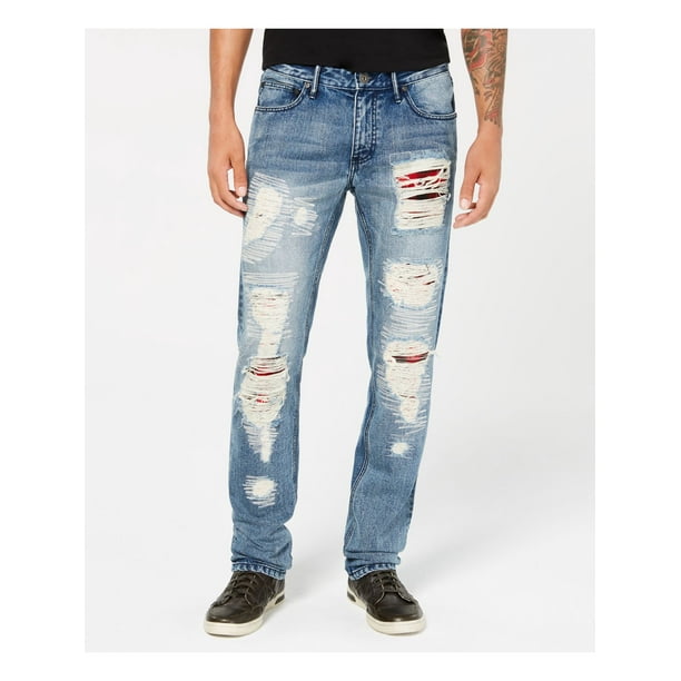 INC - INC $79.50 Mens Distressed Plaid-Patched Straight Leg Blue Jeans ...