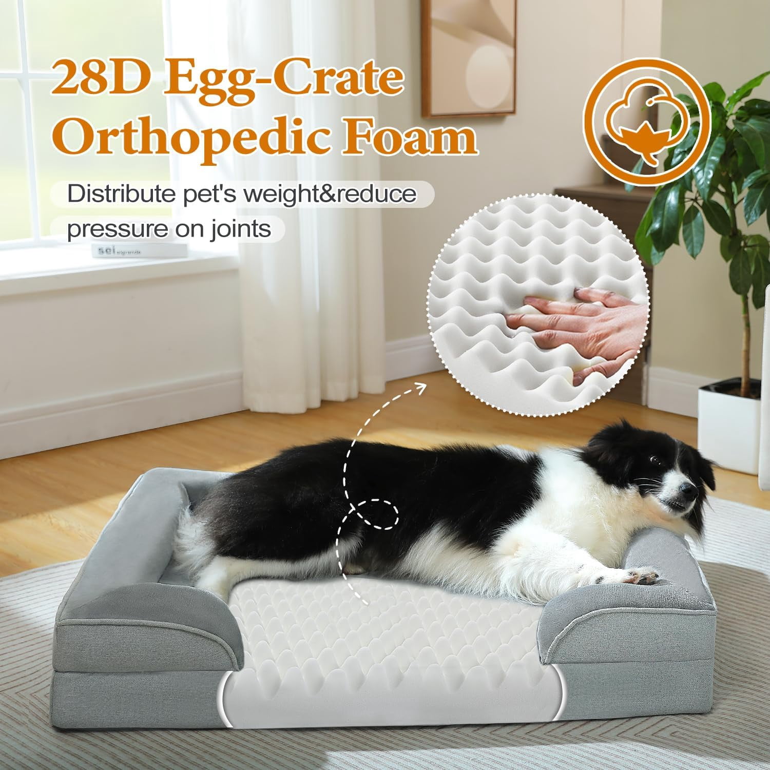 Orthopedic Dog Bed, Washable Large Dog Bed for Large Dogs with Supportive Foam,2-Layer Waterproof Cover and Non-Slip Bottom for Small, Medium and Large Dog-Gray,Large