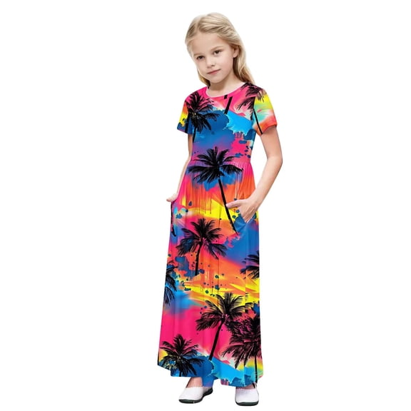Auroural 5T Girls Dresses Summer Kids Girl Cute Print Short Sleeve Stretchy Pocket Dress A Line Long Dress 5 Years