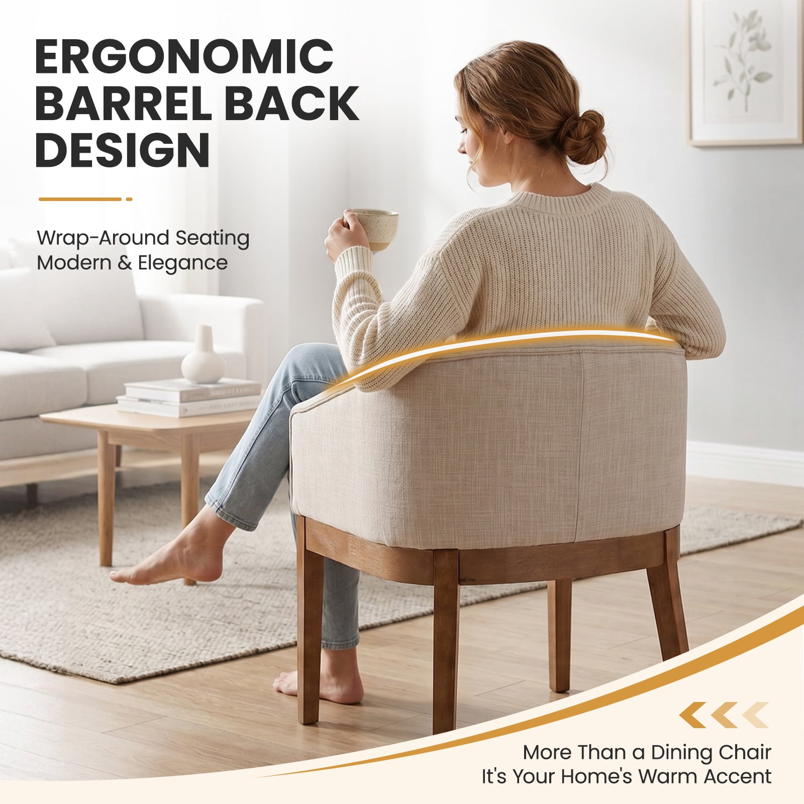 Guyou Modern Upholstered Dining Chairs Set of 2, Farmhouse Linen Kitchen & Dining Room Chairs with Armrests, 18" W Wooden Barrel Accent Chair Armchair for Dining Room Living Room Bedroom, Beige