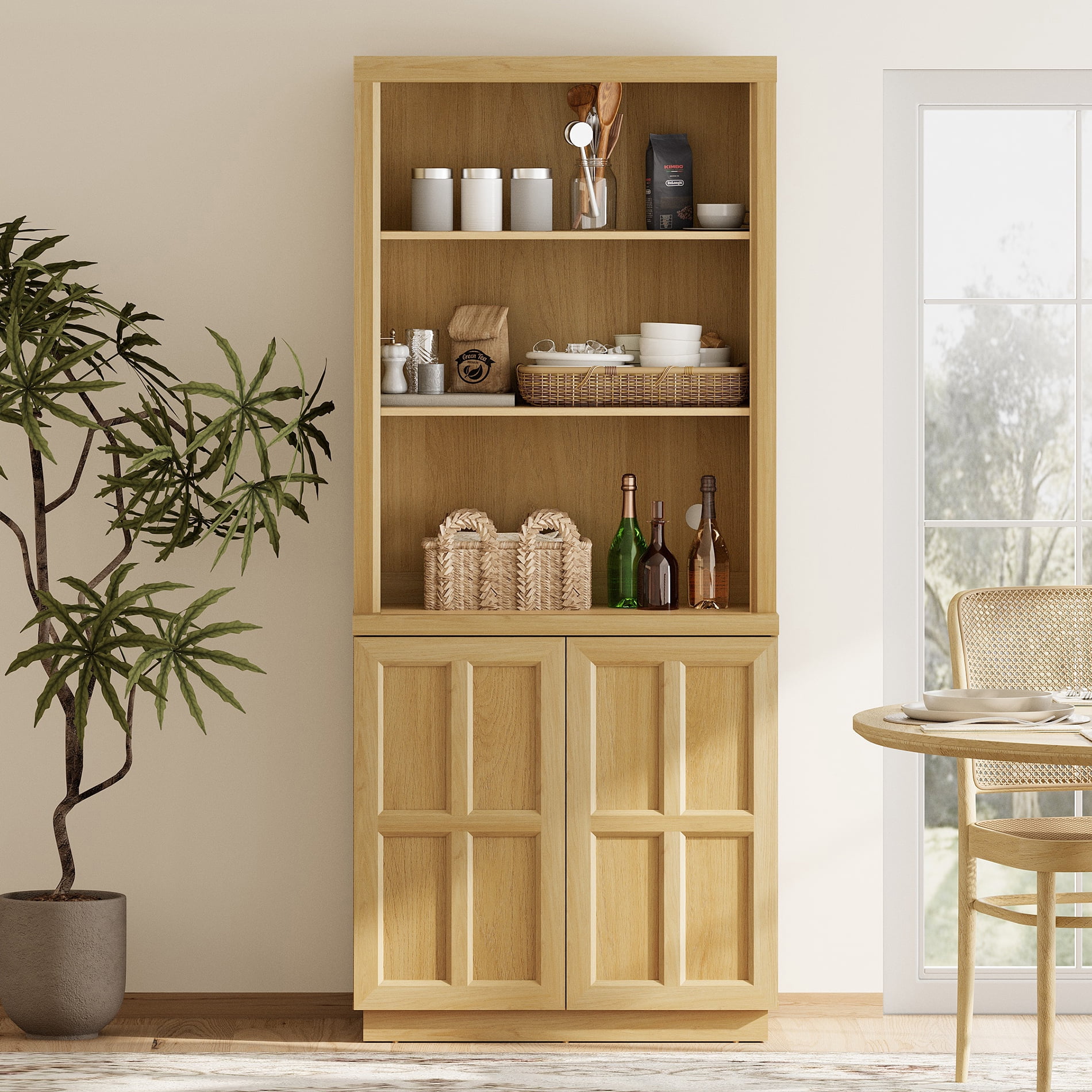 HOMOOI Freestanding Pantry Cabinet, Boho Rustic Hutch with Open Display Shelves & Adjustable Inner Shelves, Anti-Wobble Wooden Storage Organizer for Kitchen, Dining Room, Entryway,Oak