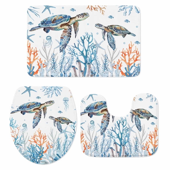 Coastal Turtle Bath Mat 3 Piece Bathroom Rug Set, Blue Ocean Coral Starfish Seagrass Non Slip Bath Rug Contour Mat and Toilet Lid Cover, Absorbent Shower Mats Soft Bath Rugs and Mats Sets