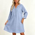 thumbnail image 4 of TEAJOPSUU Women's Midi Dresses Cotton Blend Loose Fit V Neck Button Placket Long Sleeve Dresses with Pockets Casual Solid Color Dresses Light Blue, 4 of 7