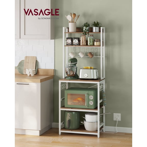 Hutch Bakers Rack with Power Outlet, 14 Hooks Microwave Stand, Adjustable Coffee Bar with Metal Wire Panel, Kitchen Storage Shelf, 15.7 x 23.6 x 66.9 Inches, Rustic Walnut and White