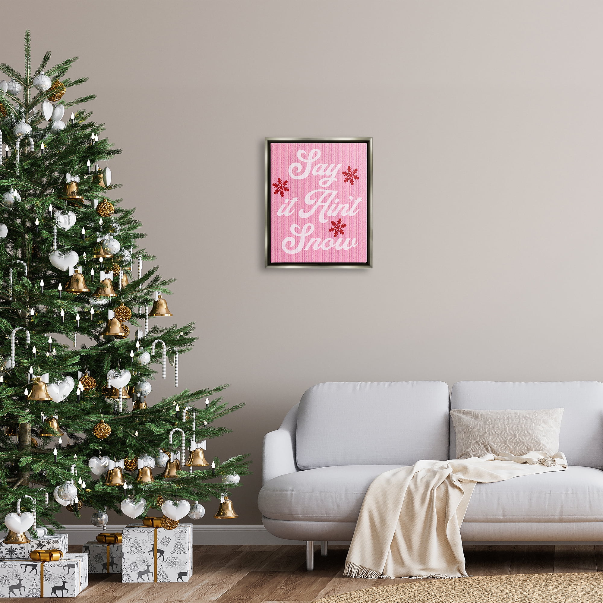 Stupell Industries Pink Say It Ain't Snow Holiday Painting Gray Floater Framed Canvas Art Print Wall Art, 17 x 21