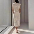 thumbnail image 3 of Morttic Women's Geometric Print Sleeveless Midi Dress – Crew Neck Button Detail with High Slit Stylish Office Dress Apricot，S, 3 of 4