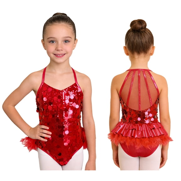 SiiRoh Girls Sparkly Ballet Performance Leotard Sleeveless Mesh Patchwork Feather Bodysuit Jazz Latin Dancewear Red 8