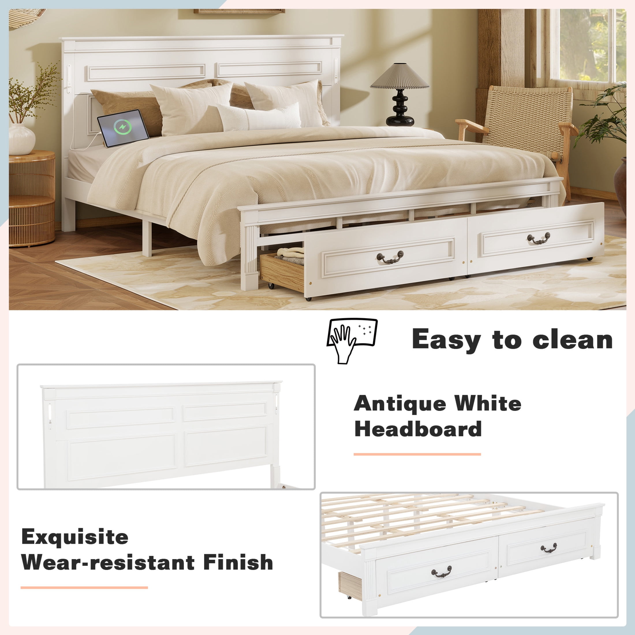 Noble House Corneille King Farmhouse Bed with LED Headboard, USB Charging Station, Storage Drawers, Pine Wood, White