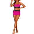 thumbnail image 2 of Conjuntos de bikini de color contrastante para mujer de 2 piezas, traje de baño de cintura alta con escote redondo, rosa medio, 2 of 5