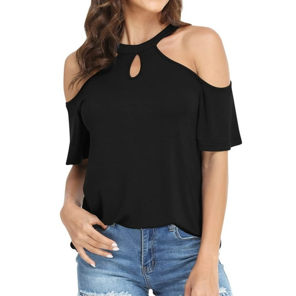 UMfun Cold Shoulder Tops for Women Summer Print Tops Short Sleeve Strappy Cut T-Shirt Blouse Black(S-2XL)