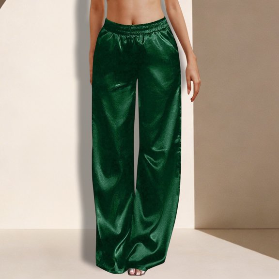 Women's Satin Elastic Waist Wide Leg Casual Trousers Comfortable Flowy Pants With Pockets Women's Comfortable Lightweight Regular Pants Girl Pull On Sweatpants