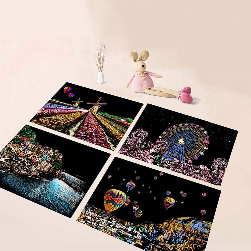 Scratch Painting Kits for Adults & Kids, Rainbow Painting Night View Scratchboard(A4), Crafts Set: 8 Sheets Scratch Cards with 6 Tools in Bag - New York, Statue of Liberty, Seattle(America/Europe)