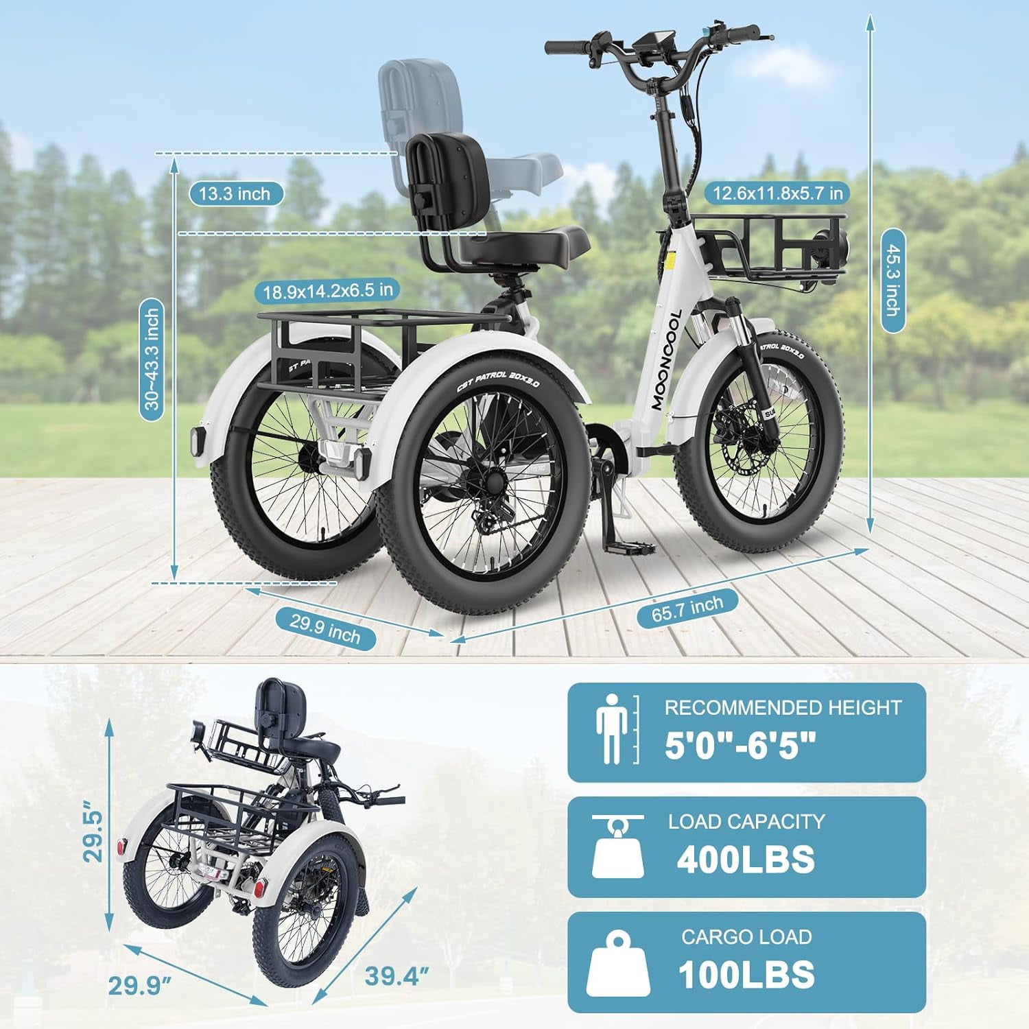 ABORON 20" Fat Tire Electric Trike 750W 48V Motorized Folding Commute E-Bike for Adult, Foldable 3 Wheel Electric Bicycle Trike for Senior Women with Front & Rear Basket