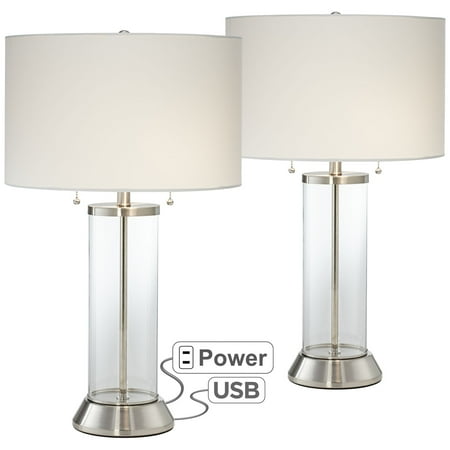 Small Coastal Living Rooms Possini Euro Design Coastal Table Lamps Set of 2 with USB and AC Power Outlet in Base Glass Column Drum Shade for Living Room ()