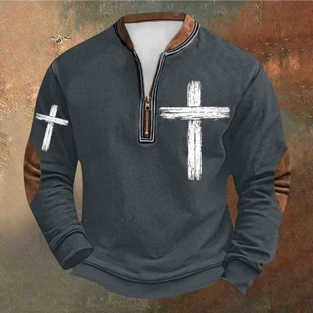 Blusas y camisas de manga larga con cuello redondo para hombre, talla grande, estampado, media cremallera, cuello redondo, estampado vintage, manga larga, poliéster