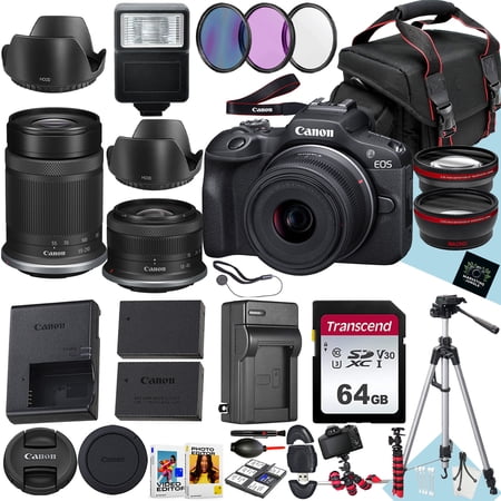 Canon EOS R100 Mirrorless Camera With RF-S 18-45mm f/4.5-6.3 IS STM And Canon RF-S 55-210mm f/5-7.1 IS STM Lens + 64 GB Memory + Extra Battery + Filters + More (31pc Bundle)