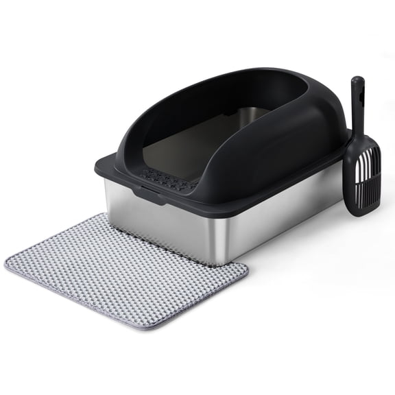 Alvantor XL Enclosed Stainless Steel Cat Litter Box with Lid and High Sides, Includes Litter Mat & Scoop