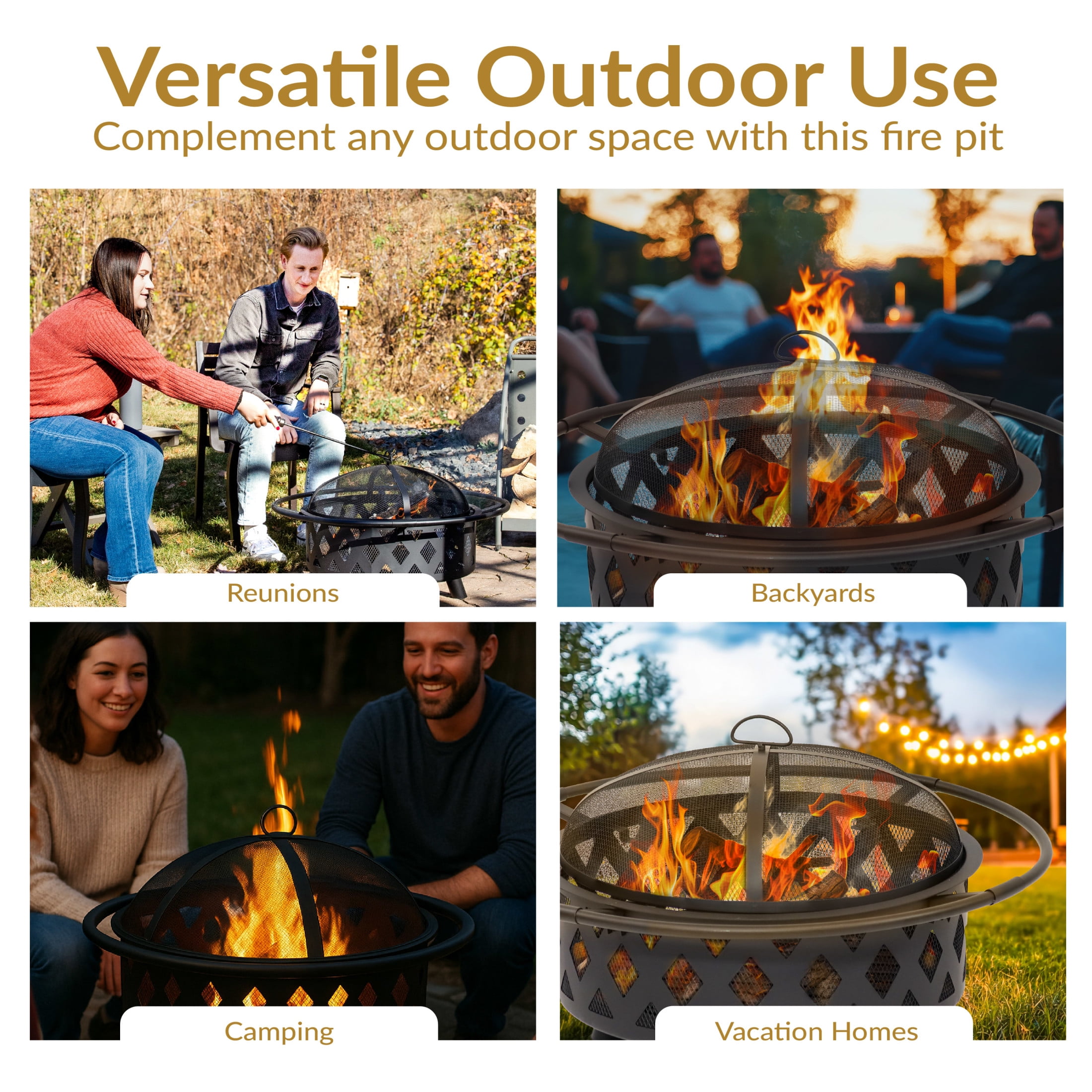 Sunnydaze Crossweave 30" Round Wood-Burning Black Finish Steel Outdoor Fire Pit with Screen